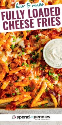 The ultimate snack to share with friends, perfect for game day A big pile of crispy french fries smothered in melty cheese and bacon and topped with green onion and your fave toppings! #spendwithpennies #cheesefries #loadedfries #frenchfries