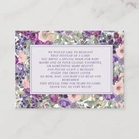 Purple and pink watercolor floral little girl baby shower "Books for Baby" enclosure card requesting a book for baby instead of a card #zazzlemade