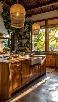 Step into a serene Bali-inspired kitchen oasis with a breathtaking waterfall countertop island and enchanting views. Perfectly captured in golden hour, this space is bathed in natural light through expansive windows, while elegant bamboo pendant lights add warmth and charm, making it a Pinterest favorite.