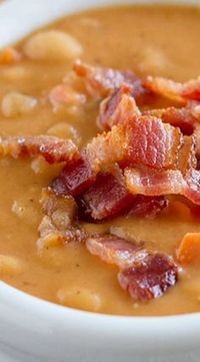 Homemade Bean and Bacon Soup -- Skip the can - this homemade soup is hearty and filling and filled with veggies and chunks of bacon!