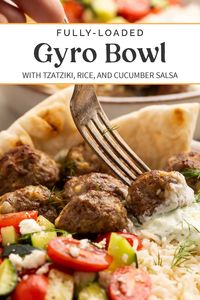 These gyro bowls are loaded and delicious. Lamb or beef meatballs spiced to taste just like roasted gyro meat on a bed of tender lemon rice, topped with creamy tzatziki and a quick tomato and cucumber salad. One of my personal favorite recipes, I could go for this Greek dinner anytime! Better yet, even my kids love them.