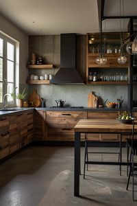 Add depth and drama to your kitchen with dark rustic modern cabinets. These bold designs pair rich wood tones with modern hardware, creating a sophisticated and stylish space. Perfect for making a statement in your kitchen. #DarkKitchen #RusticModern #HomeDecorInspo