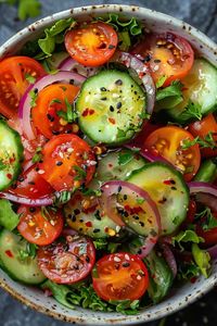 Closeup of a Colorful Garden Salad showcasing a mix of green lettuce, ripe cherry tomatoes cut in half, cucumber rounds, and thin red onion rings, all lightly dressed with a homemade Dijon mustard vinaigrette, capturing the essence of a healthy, quick side dish.