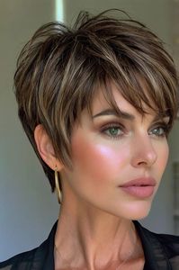 Achieve a chic, layered pixie cut with volume on top, perfect for framing the face beautifully. This modern and effortless look features subtle highlights and a soft, tousled texture. #PixieCut #LayeredPixie #ChicHair #ModernHairstyle #HairInspo