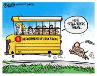 Cartoon by Marshall Ramsey. School bus being chased by newly appointed State auditor, Shad White. (White is alleging the schools are misappropriating money earmarked for computers.)