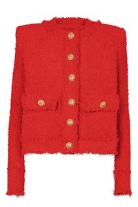 Balmain two pocket collarless jacket in rouge. 100% POLYAMIDE Professional Clean Made in POLAND Ships by Nov 7