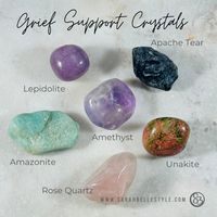 Grief Support... I have a crystal for that! These sweet little bundles are exclusively curated by Certified Crystal Healer, Sarah Belle, to support working through periods of grief. In the Grief Support bundle, we include six crystals that support moving through grief and loss and supporting the emotional body. Rose Quartz - loving energy, nurtures the heart, emotional harmony, heals emotional wounds Lepidolite - supports with anxiety and depression, comfort with emotional distress, imparts peace Amazonite - tranquility, peace, calming, relieves stress & anxiety, heart healing, truth, integrity Apache Tear - supports grief, loss, trauma, brings comfort, grounding, healing and protection Unakite - emotional balance, support with grief and loss, loving compassion, kindness Amethyst - brings