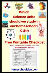 Which Homeschool Science Units should we study in K-8th grade? This is a free printable for exploring some of the science units you might want to cover in Elementary and Middle School. This is a free printable science checklist for homeschoolers planning their science curriculum. #homeschoolden #homeschoolscience #homeschoolsciencecurriculum #homeschoolcurriculum #homeschoolscienceunits #sciencecurriculum #homeschooling #homeschoolunits