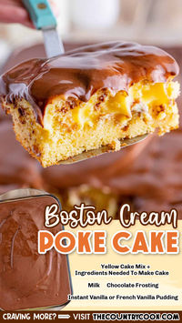 This Boston Cream Poke Cake tastes just like the pie but in cake form! Easily made with a boxed cake mix, pudding and chocolate frosting!