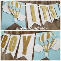 Add a special touch to your baby shower celebration with this Up Up and Away/Hot Air Balloon door sign. Made to order, for baby boys and girls, in your color. Seen in light blue, accented with Gold Glitter cardstock. Door sign can be hung from something or with tape as well. FOR BOYS, WILL BE MADE IN LIGHT BLUE AS SEEN AND PINK FOR GIRLS UNLESS YOU REQUEST DIFFERENT COLOR Welcome your guests with this adorable door sign. WORDING is for, Its A Boy or Its A Girl, can be customized for additional f