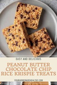 These chewy Peanut Butter Chocolate Chip Rice Krispie Treats are the best indulgent dessert! They're an easy, no-bake treat made with natural peanut butter, chocolate chips and fluffy marshmallows. All you need is 30 minutes and 6 total ingredients! Great for kids, hosting, and potluck desserts!