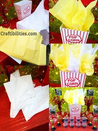 Super easy table decorations. Yellow and white tissue paper in popcorn buckets. RED CARPET event - Movie Night / Oscars Theme - fancy party ideas - decorations, favors, treats, photo booth, awards, dress - PHOTOS