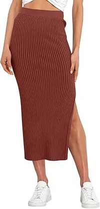 Runcati Women's Bodycon Knitted Pencil Skirts Elastic Split High Waisted Midi Skirt