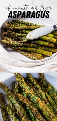 This 10 minute air fryer asparagus is a healthy side dish to add flavorful veggies to any meal. The air fryer crisps the outsides for a crunchy exterior and tender, soft middle.