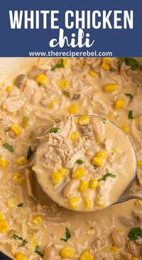 This White Chicken Chili is ultra thick and creamy, with shredded chicken, white beans and corn and just the right amount of spice! Make ahead and freezer friendly, perfect for pantry cooking. #chili #chicken #chickenbreast #dinner 