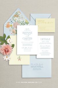 PLEASE READ... This pretty, colorful floral wedding invitation suite is the perfect glimpse into your special wedding day. Add on stunning envelope liners with colorful floral pattern and accompanied by premium euro flap envelopes in pale blue. Its easy to switch out colors from yellow to pink or just light blue.  WHAT YOU WILL RECEIVE: * Beautiful Invitations printed on high-quality, 120lb uncoated white card stock that has a light textured, eggshell finish. * Premium euro pointed-flap envelope