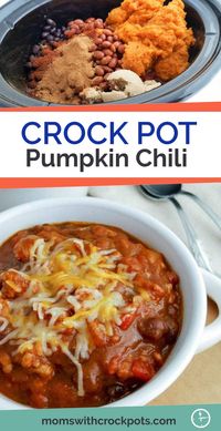 The perfect fall crockpot recipe! Check out this simple and flavorful Crockpot Pumpkin Chili Recipe. | @MomsWithCrockpots #crockpot #slowcooker #chili #pumpkin #soup #dinner