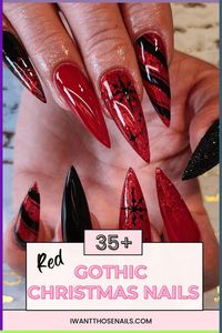 Step up your holiday nail game this year with these gothic-inspired red Christmas nail designs. From vampy shades to intricate black accents, these edgy looks will make a bold statement at any holiday gathering. Get inspired and try these unique designs to add some dark magic to your nails this season!