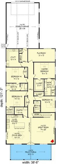 The gable roof above the rectangular footprint of this 4-bedroom home plan - designed using conventional 2x6 framing - resembles a barn, while allowing for a grand vaulted ceiling in the front open living area. The timber-framed front porch greets your guests, and double doors part to guide you into the heart of the home. The kitchen, dining area, and great room are open with peek-a-boo views into the loft above. The kitchen island hosts a double-bowl sink and offers seating for casual meals and