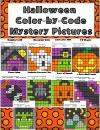 This fun Halloween color-by-code mystery picture set will allow your kiddos to practice a variety of skills, while creating a cute Halloween picture. This set includes both math and language arts skills. Picture 1 - Doubles facts to 20, haunted house picture Picture 2 - Recognize coins (penny, nickel, dime, quarter) ghost picture Picture 3 - Subtraction within 12, witch picture Picture 4 - 3-D shapes, jack-o-lantern picture Picture 5 - Place value (ones, tens, hundreds) candy picture Picture ...