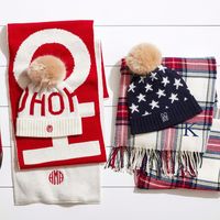 Find a cozy gift starting at $39. Monogrammed scarves are made in Italy. Pom Pom Hats are available in 7 prints and 3 solid colors. See more at markandgraham.com.