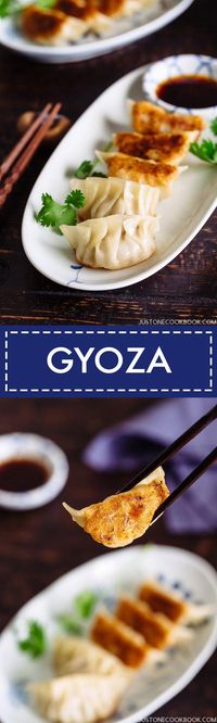 Gyoza 餃子 - Juicy on the inside, crispy and golden brown on the outside, these Japanese pan-fried dumplings, Gyoza, are popular weeknight meal as well as a great appetizer for your next dinner party! #Gyoza #potstickers #Japanesefood #partyfood | Easy Japanese Recipes at JustOneCookbook.com