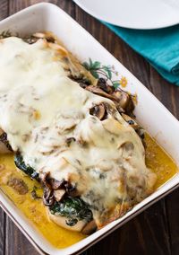 Creamed Spinach and Mushroom Smothered Chicken. Baked boneless chicken breasts are completely covered with creamed spinach, flavorful sauteed mushrooms, and a whole lot of gooey, melted mozzarella cheese.. If you're a fan of creamed spinach, you must try this recipe. It is pure comfort food.