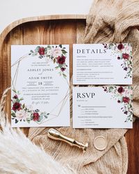 "This gold geometric floral invitation suite is a must have for your boho wedding! Featuring watercolor burgundy and blush roses and a gold geometric frame, it will definitely wow your guests and excite them for your big day. This invitation suite comes with a printable invitation, RSVP card, and details card! It is entirely editable using the online program Canva! You do not need to download any software to edit your templates. Edit, download, and print your items within minutes! *DISCLAIMER* T