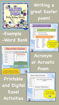 Easter acrostic poem. Do you need a quick fun poetry writing activity for Easter? This is a short PowerPoint explaining how to write an acrostic poem, also called an acronym poem. It is a good creative writing warm-up activity to use just before Easter or right before Spring Break. Includes a definition of an acronym or acrostic poem, two example poems using egg and Easter, an Easter vocabulary slide, and a slide prompting students to write their own poem. If you wish to use hard copies of the writing templates, print out the black and white or color ones of your choice to give to students. To use on devices, students put textboxes on the slides to write their own poems. Please see full preview.