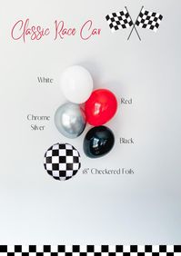 "Race Car themed DIY balloon garland kit, it's super easy to put together. No experience necessary, its perfect for any occasion, and it will look like a pro did it.    Select the length in the dropdown menu.  What's Included:  *An assortment of 11\" and 5\"  balloons  *Checkered Foil balloons (Quantity depending on the selected size)  *Balloon Strip (To put the balloons into a garland) *Written and Video instruction  *Video instructions and pro tips available on our Instagram account: @partybar.co  Balloons will ship flat. This is a DIY kit to be put together by consumer. 6Ft - 8FT Garland takes about 1 hour to assemble. Balloons should be inflated with air, no need for helium. Can be inflated 1-2 days prior to the event and will still look like you blew them up that day!  Customizable op