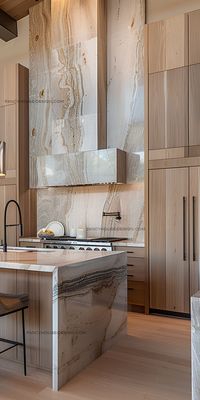 The architecture incorporates wooden beams and a neutral palette, bringing together traditional elements and modern features for a chic style kitchen.