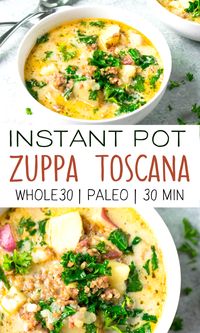 This recipe for Instant Pot Zuppa Toscana will become a new family favorite! This soup is easy to make, so delicious and healthy! It's dairy-free, paleo and Whole30 compliant. #paleorecipes #whole30 #whole30recipes #instantpot