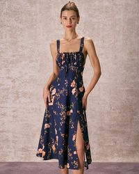 The Navy Lace Up Floral Ruched Midi Dress & Reviews - Navy - Dresses | RIHOAS