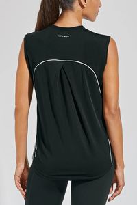 Coolibar's women’s athleisure tank top is engineered to keep up with your active lifestyle! Packed with high-performance features and sporty design details, this UPF 50+ workout tank top feels just as good on the inside as it performs outside! UPF 50+ Crew neckline Flatlock seams to reduce chaffing High-low hem with overlapped side panels for ease of movement Cross-over pleat at yoke for a relaxed look and feel Antimicrobial protection infused at the fiber level prevents the growth of 99.9% of b