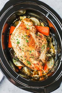 This Crockpot Turkey Breast comes out perfect every time. Turkey is rubbed with seasoned butter, then slow-cooked with veggies until tender!