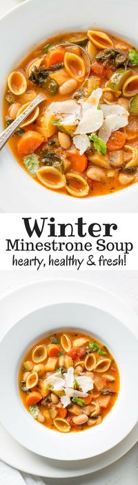 Winter Minestrone Soup ~ hearty, healthy and loaded with fresh seasonal vegetables. Featuring Chickapea Pasta, Swiss Chard, onion, carrots, celery, zucchini, potato and cannellini beans. Freezes beautifully! www.savingdessert.com