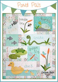 This little applique quilt tells the story of a day at the pond. It's a great quilt to grow with your little one, from pointing out the pond critters to learning to read the names. It’s sure to be a favorite for many years to come. This quilt features eight blocks with simple piecing, appliqué and embroidery embellishments with a simple pieced border.