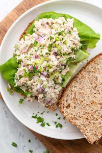 This recipe for Healthy Tuna Salad is lightened up by using greek yogurt instead of mayonnaise; it has less calories and less fat, but is still so flavorful