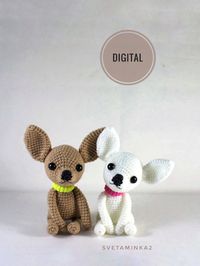 Crochet Chihuahua Pattern to make cute amigurumi chihuahua dog or puppy, step-by-step, with lot of photos (the original pattern by svetaminka2).NOT a finished dog! CROCHET PATTERN ONLY! Non-refundable (Digital goods cannot be returned or exchanged). PDF file.Skill level: upper beginner (the crochet pattern doesn't contain lessons on crocheting). Skills required: crocheting in spiral, magic ring, chain, single crochet stitch, increasing and decreasing, basic sewing skills.The Crochet Pattern (pdf file) is in English (US terms), very detailed, very clear instructions and tips with lots of photos for each step.Size ~ 15 cm/6 inch – the sitting dog, 18 cm/7 inch – the standing one. I used a yarn of ~164 yd/150 m= 1,8 oz/50 g and a 2,5 mm crochet hook.You will get the download link in your orde