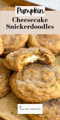 Pumpkin cheesecake snickerdoodles are a chewy pumpkin cookie filled with a cheesecake center and rolled in a cinnamon and pumpkin sugar mixture. The perfect fall cookie with the best surprise in the center.