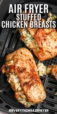 Air Fryer Stuffed Chicken Breasts are delicious and so easy to make! Boneless, skinless chicken breasts are stuffed with a savory filling of cream cheese, parmesan, fresh spinach, and sundried tomatoes and then air fried until juicy and tender on the inside and crispy on the outside. They’re also a delish, low-carb dish!