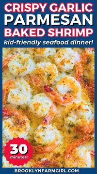 Learn how easy it is to make this recipe for Oven Baked Crispy Garlic Parmesan Shrimp. This baked shrimp is coated in Panko bread crumbs and tastes so juicy and crunchy. The perfect healthy seafood dinner your whole family will love. Ready in just 30 minutes, this healthy shrimp recipe is kid-friendly and makes a simple seafood appetizer, too!