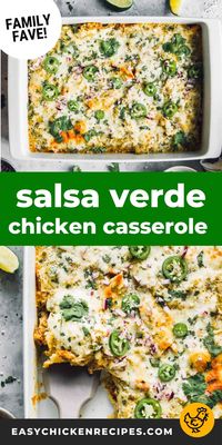 Easy to make and full of flavor, this salsa verde chicken casserole is all kinds of delicious! This Mexican inspired dish is creamy, cheesy and a dinner the whole family will love!