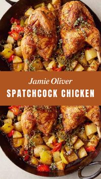 Jamie Oliver’s Spatchcock Chicken is made with potatoes, mixed-colour peppers, a whole free-range chicken, smoked paprika, and thyme. This easy Spatchcock Chicken recipe creates a delicious dinner that takes about 65 minutes to prepare and can serve up to 4 people.  This Spatchcock Chicken Recipe Is From 5 Ingredients: Mediterranean by Jamie Oliver.