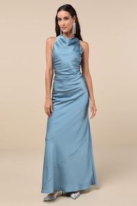 Effortlessly Sensational Slate Blue Satin Backless Maxi Dress