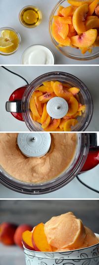 5-Minute Peach Frozen Yogurt: frozen peaches, plain yogurt, honey, and a little lemon juice.