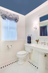 Design a bathroom that's out of the ordinary with white walls and a blue ceiling.