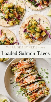 These tender, flaky Salmon Tacos are the upgrade your Taco Tuesday has been waiting for! Slow baked salmon with warm spices is piled high onto corn tortillas with all our favorite taco toppings: sweet pineapple salsa, crunchy red cabbage slaw, and cool, creamy cilantro lime crema! Every bite has a burst of flavor. #wellseasonedstudio #salmontacos #fishtacos #tacotuesday