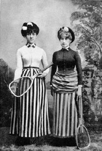 Based on the style of the ladies dress, I would say that these two ladies were photographed ca. 1885 wearing very stylish tennis outfits, but how on Earth did they move around the court?