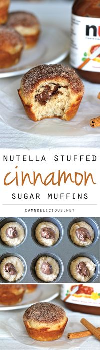 Nutella Stuffed Cinnamon Sugar Muffins - Cinnamon sugar crusted muffin tops with a hidden Nutella filling that everyone will love!